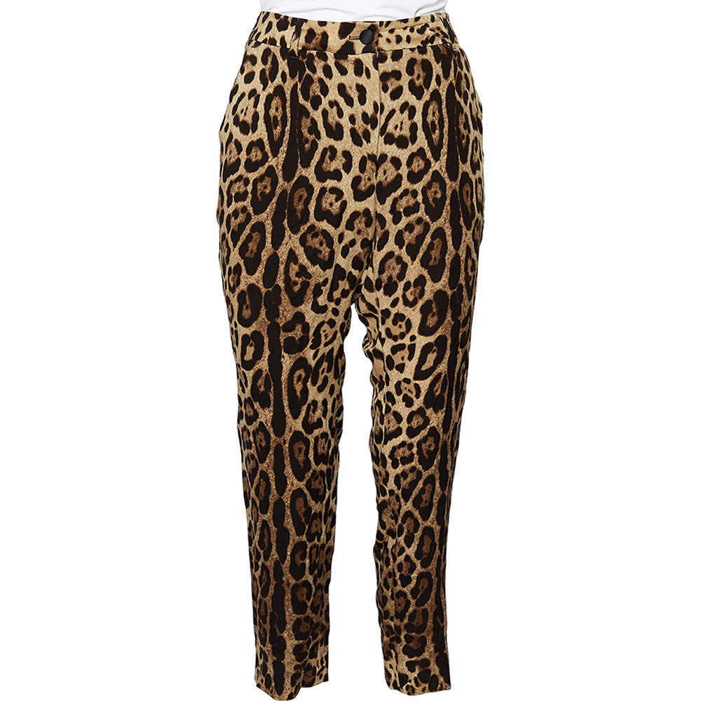 Pre Owned Dolce & Gabbana Brown Animal Printed Silk Tapered Leg Trousers L