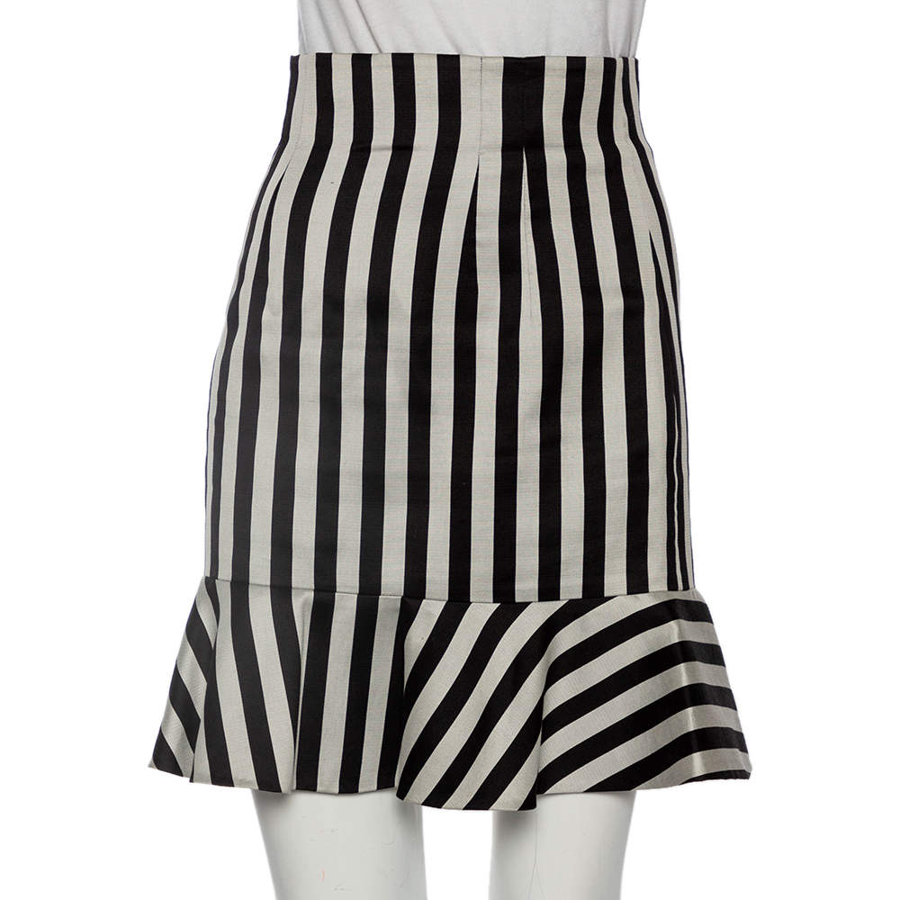 Dolce & Gabbana Silver & Black Striped Silk Bell Skirt S