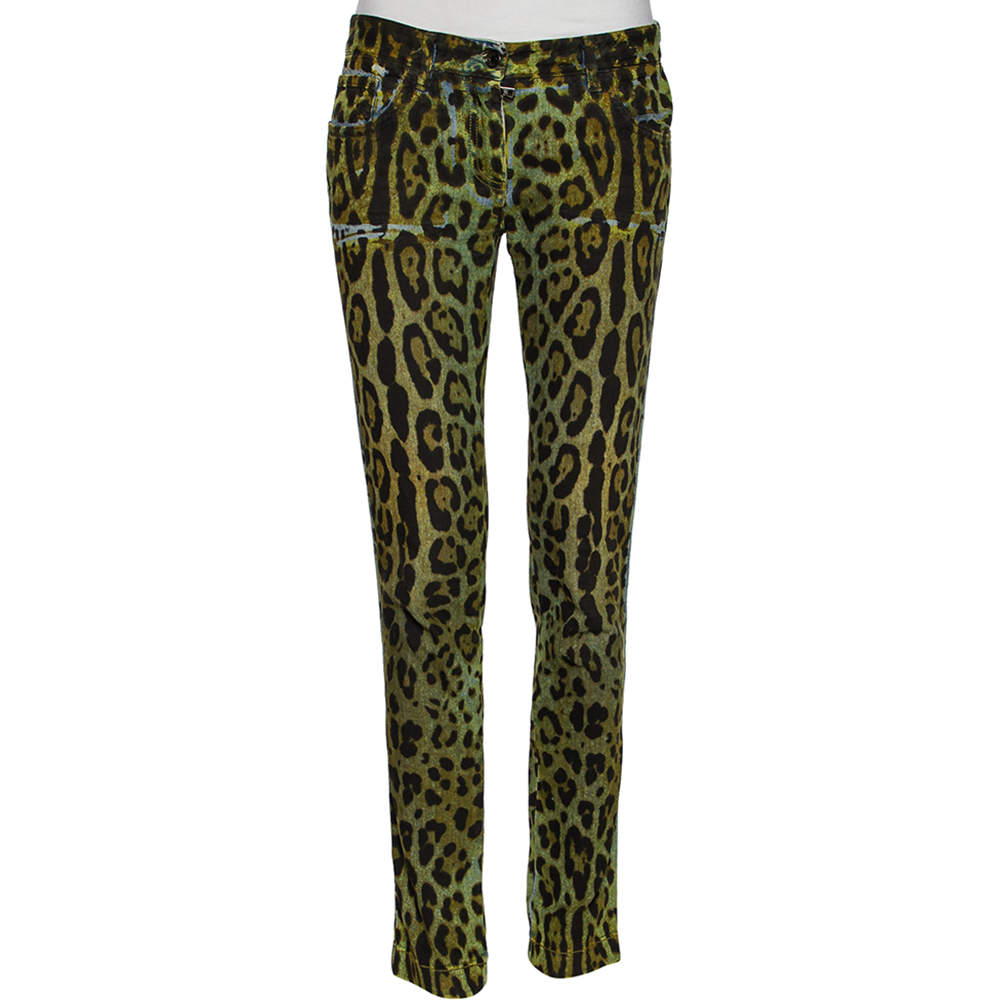 Pre Owned Dolce & Gabbana Green Animal Print Denim Tapered Leg Jeans S