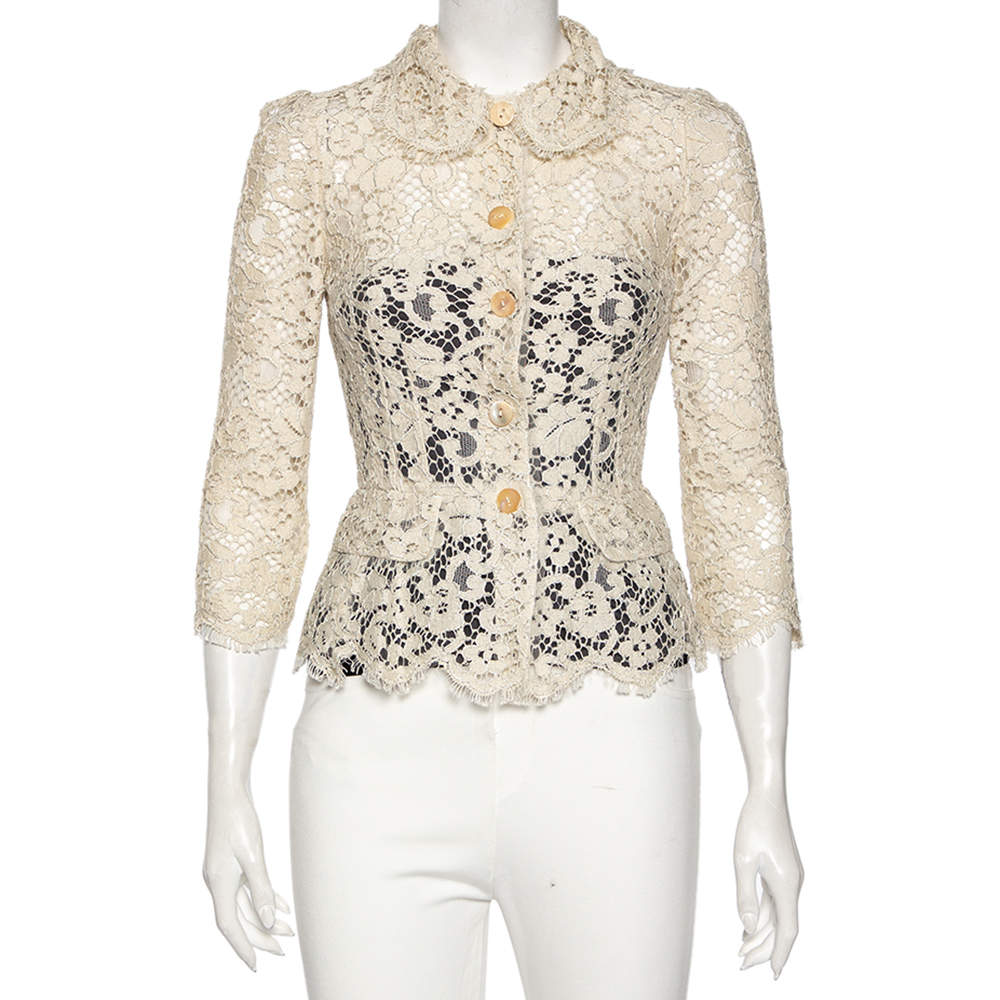 Pre Owned Dolce & Gabbana Light Beige Floral Lace Button Front Jacket S