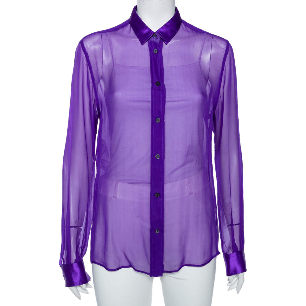 Dolce & Gabbana Purple Silk, Chiffon, And Satin Trim Sheer Shirt M