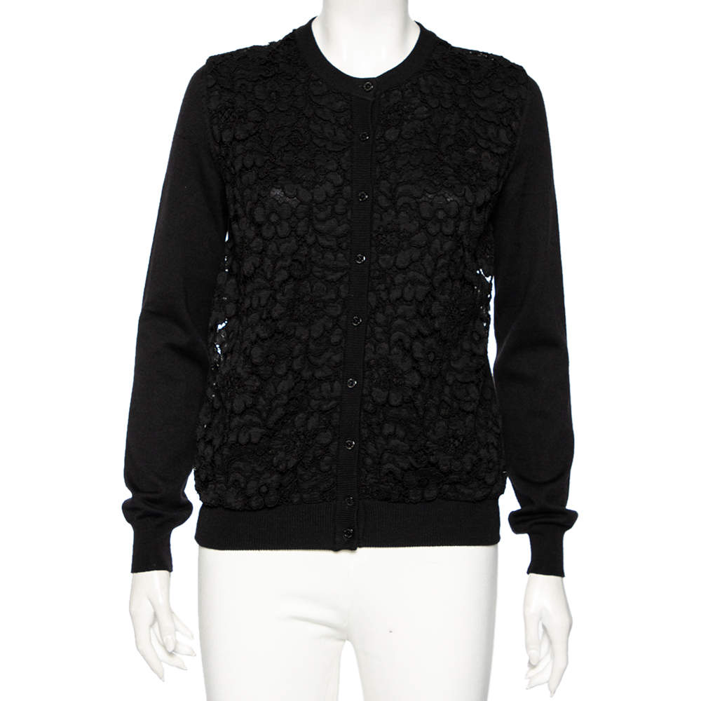 Pre Owned Dolce & Gabbana Black Wool Floral Embroidered Button Front Cardigan M