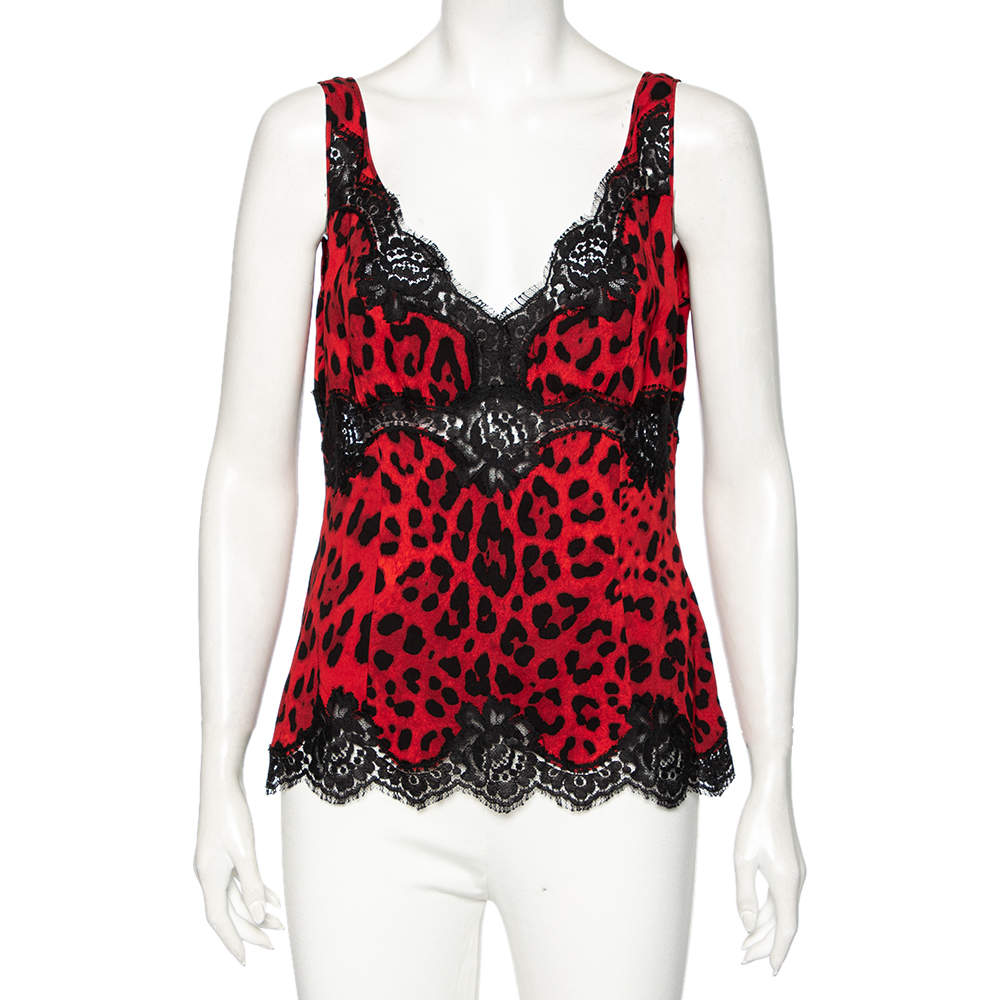 Pre Owned Dolce & Gabbana Red Leopard Print Silk Sleeveless Top L