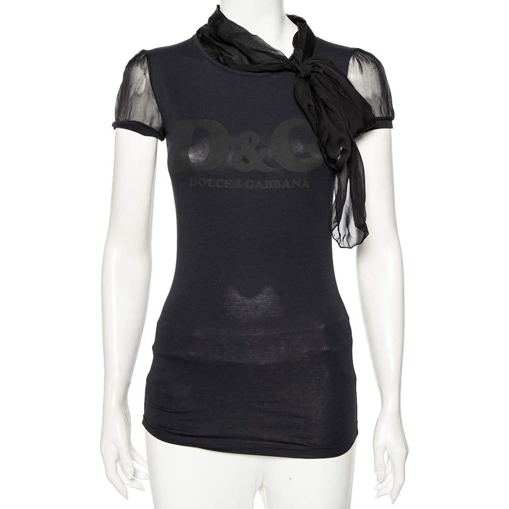 Pre Owned Dolce & Gabbana Black Logo Printed Cotton Knit And Silk Neck Tie Detail T-Shirt XS