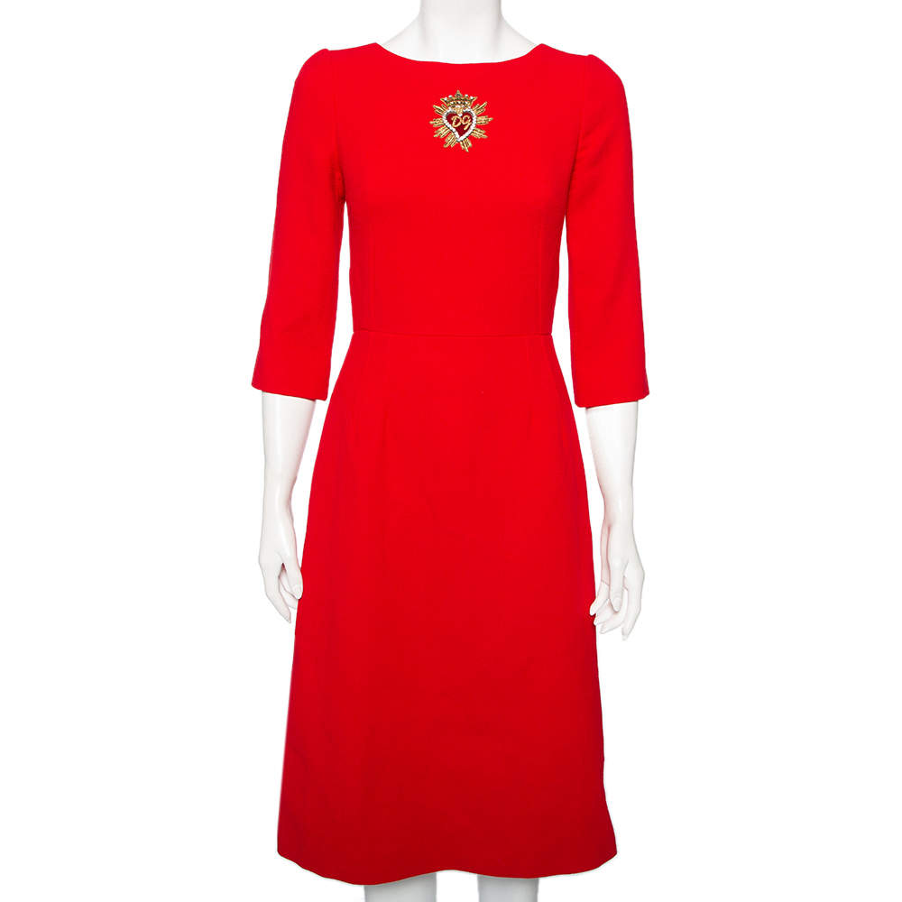 Dolce & Gabbana Red Crepe Wool Embellished Logo Detail A-Line Midi Dress S