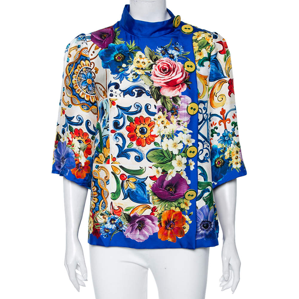 Pre Owned Dolce & Gabbana Blue Floral Printed Silk Button Detailed Blouse M