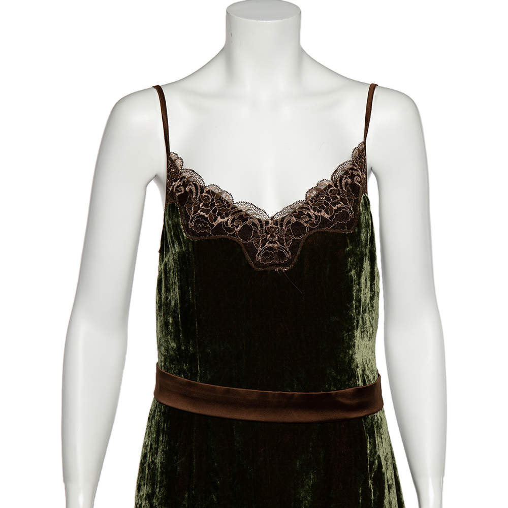Dolce & Gabbana Dark Green Velvet Contrast Lace Trim Slip Dress L