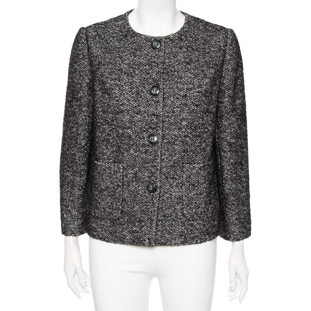 Pre Owned Dolce & Gabbana Monochrome Wool Button Front Collarless Jacket M