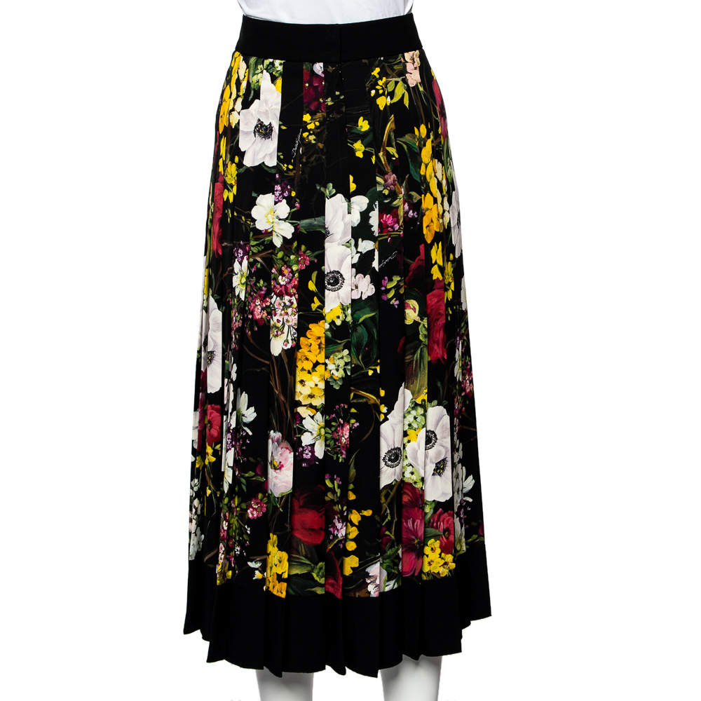 Pre Owned Dolce & Gabbana Black Silk Crepe Pleated Midi Skirt L