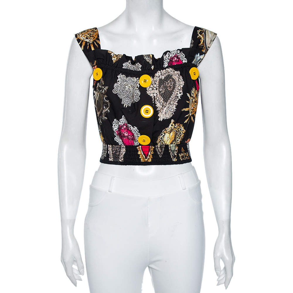 Dolce & Gabbana Black Sacred Heart Printed Cotton Sleeveless Crop Top S ...
