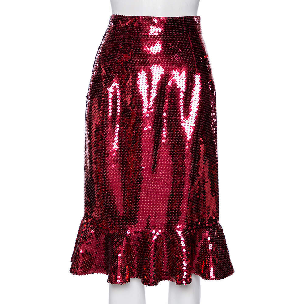 Pre Owned Dolce & Gabbana Red Sequin Embellished Flared Hem Detailed Skirt M