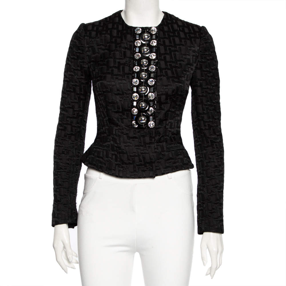 مملوكة مسبقًا جاكت دولتشي أند غابانا قصير أزرار أمامية مزخرف وجاكار أسود مقاس صغير