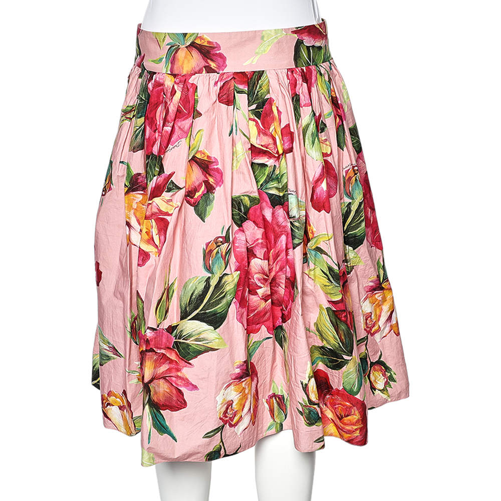 Pre Owned Dolce & Gabbana Pink Rose Printed Cotton Midi Skirt L
