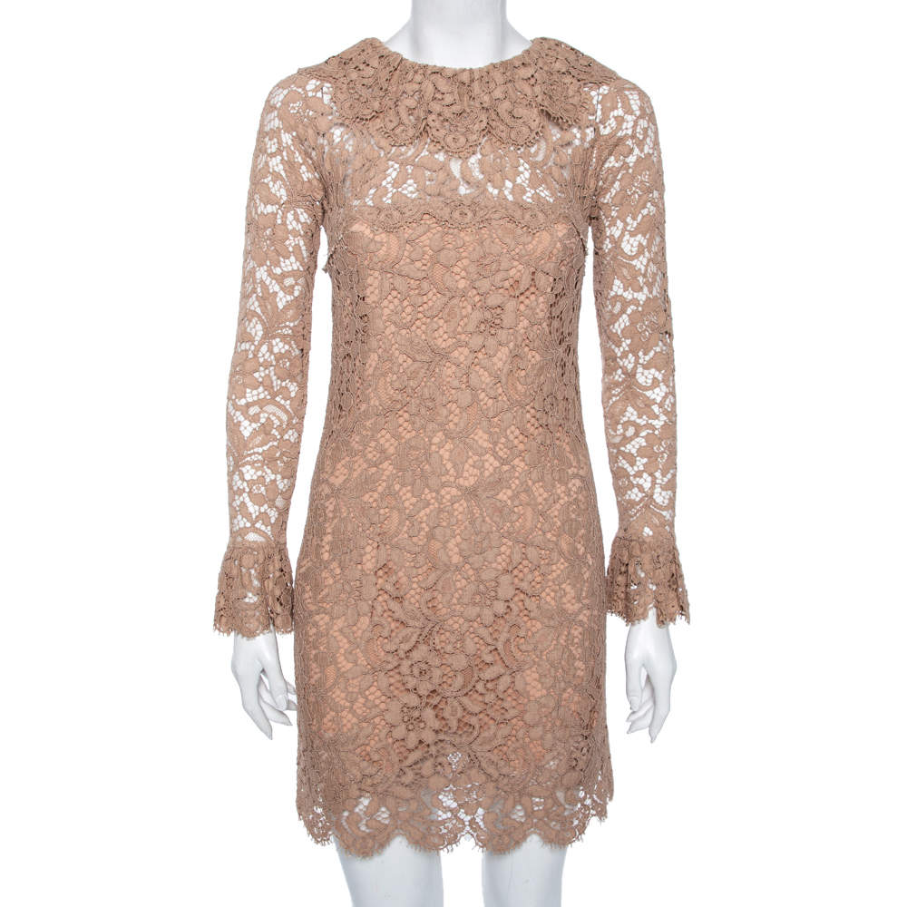 Pre Owned Dolce & Gabbana Beige Lace Long Sleeve Mini Dress S