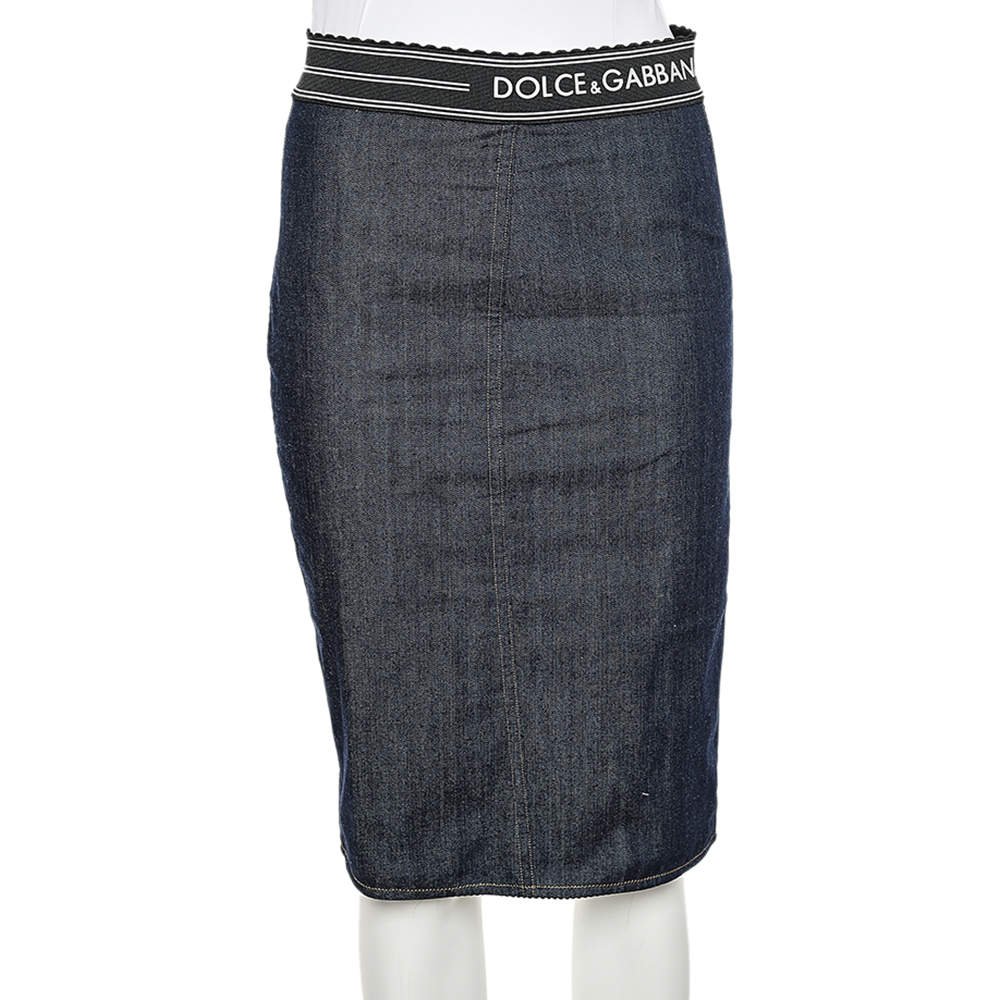 مملوكة مسبقًا Dolce & Gabbana Navy Blue Denim & Synthetic Paneled Logo Waist Band Detail Pencil Skirt M