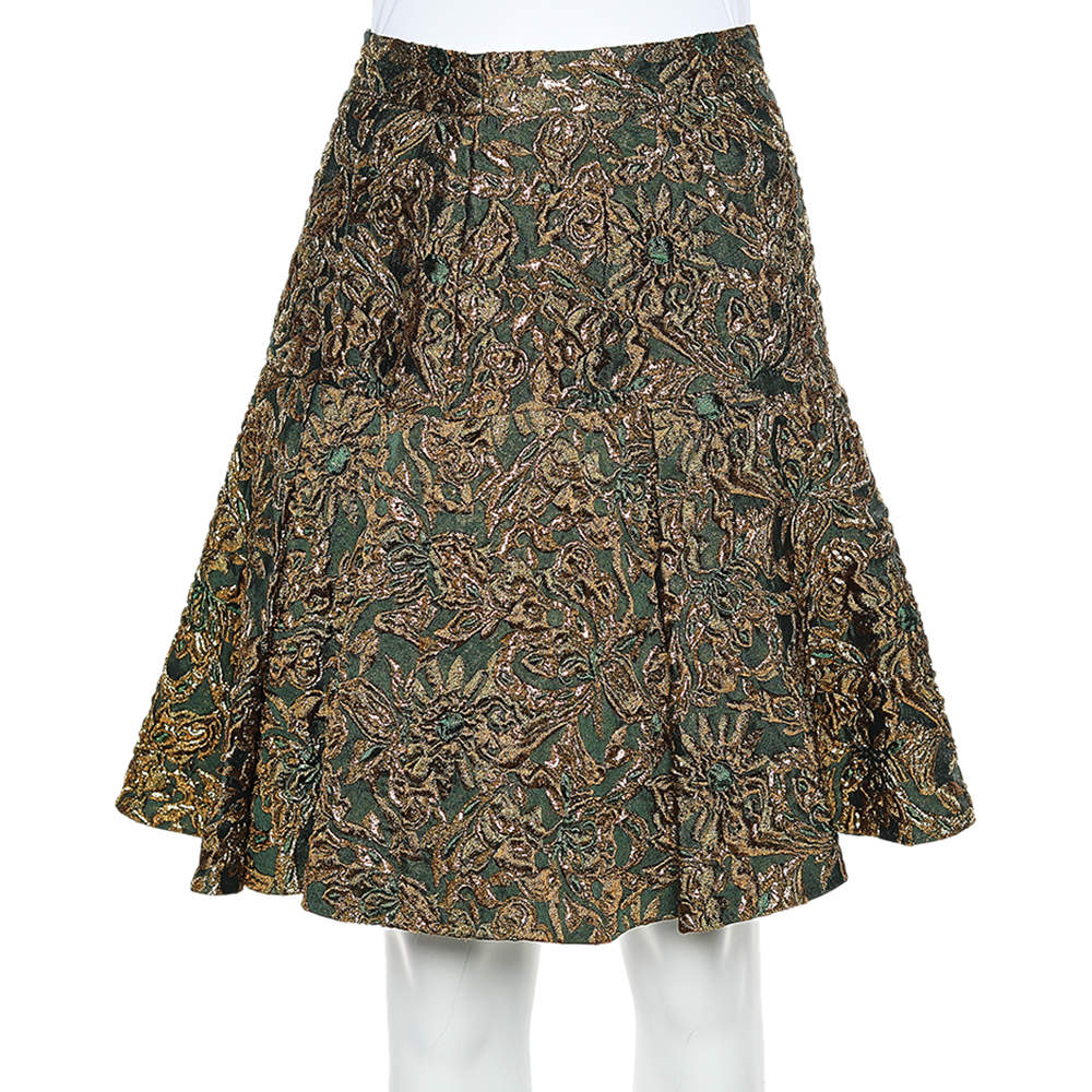 Pre Owned Dolce & Gabbana Green & Gold Floral Brocade Pleated Skirt M