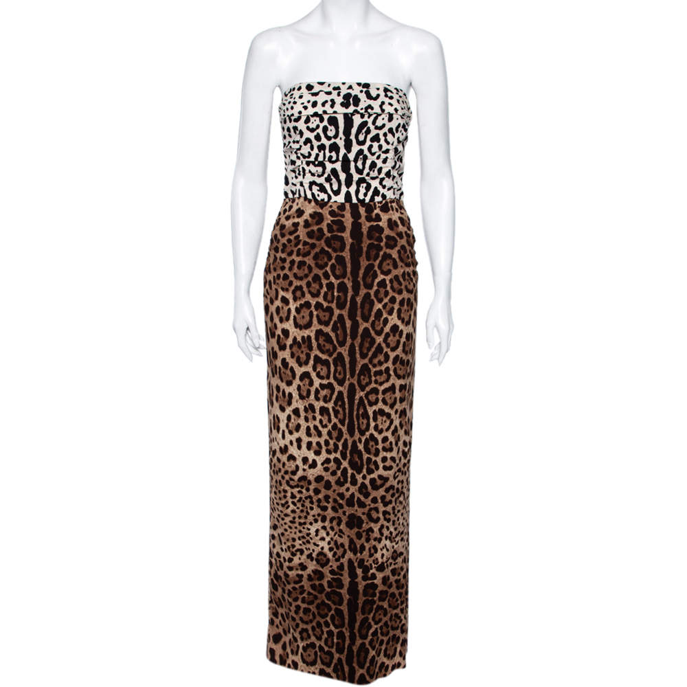 Pre Owned Dolce & Gabbana Leopard Printed Silk Crepe Strapless Maxi Dress M