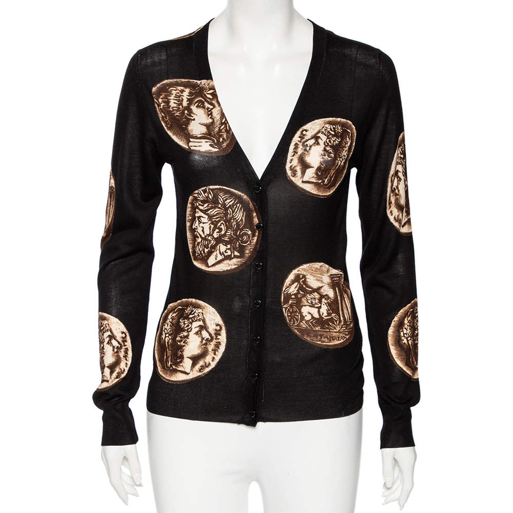 Pre Owned Dolce & Gabbana Black Ancient Coin Print Silk Knit Cardigan M
