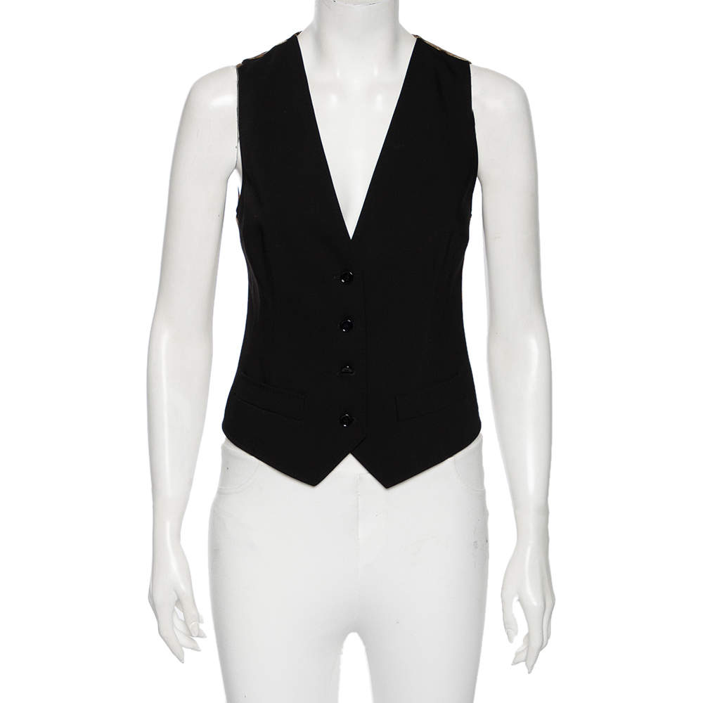 Pre Owned Dolce & Gabbana Black & Leopard Print Wool Button Front Waistcoat S