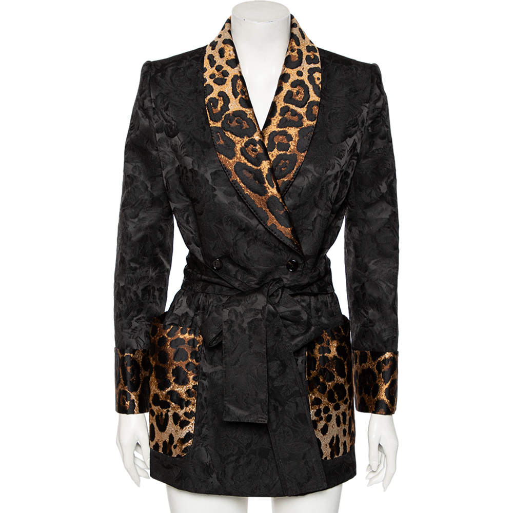 Dolce & Gabbana Black & Leopard Print Trimmed Jacquard Belted Coat S