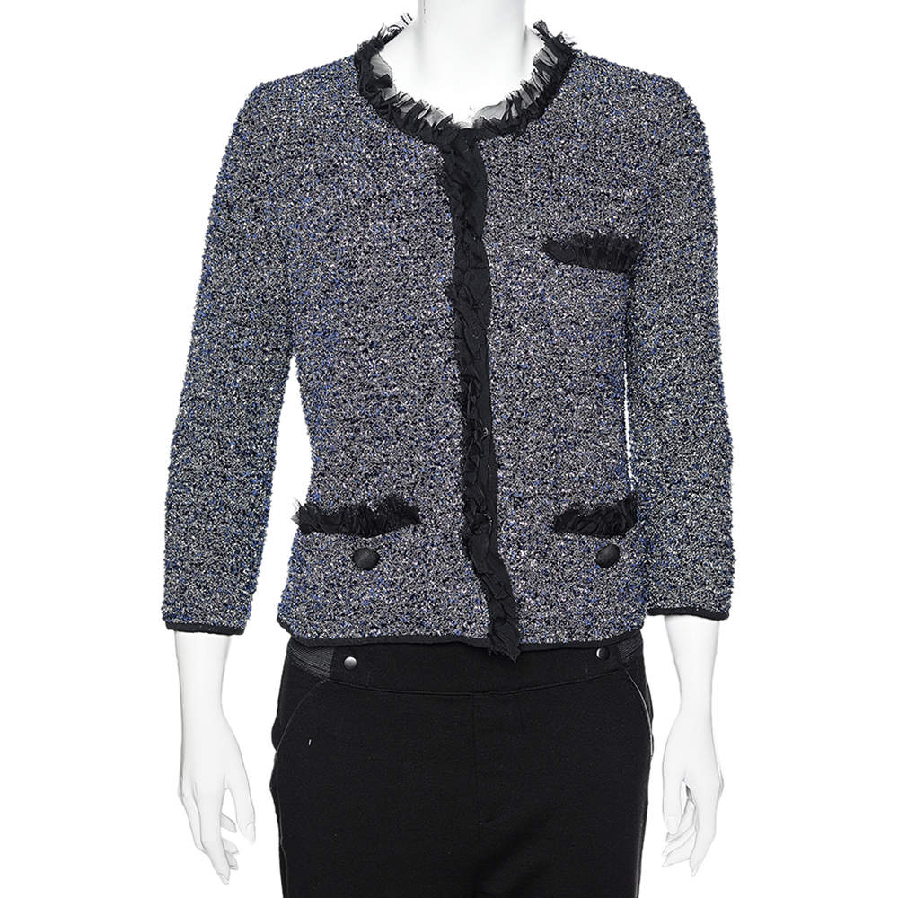 Pre Owned Dolce & Gabbana Navy Blue Lurex Tweed Button Front Jacket L