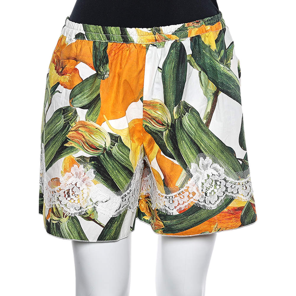 Pre Owned Dolce & Gabbana Multicolor Cotton Lace Trim Elasticized Shorts S