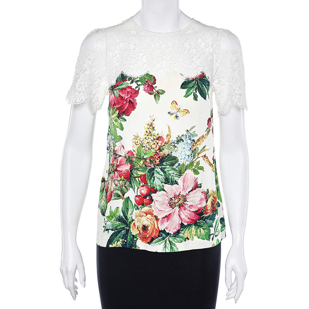 Pre Owned توب دولتشي أند غابانا دانتيل وحرير متعدد الألوان قصات بأزرار مقاس صغير - سمول