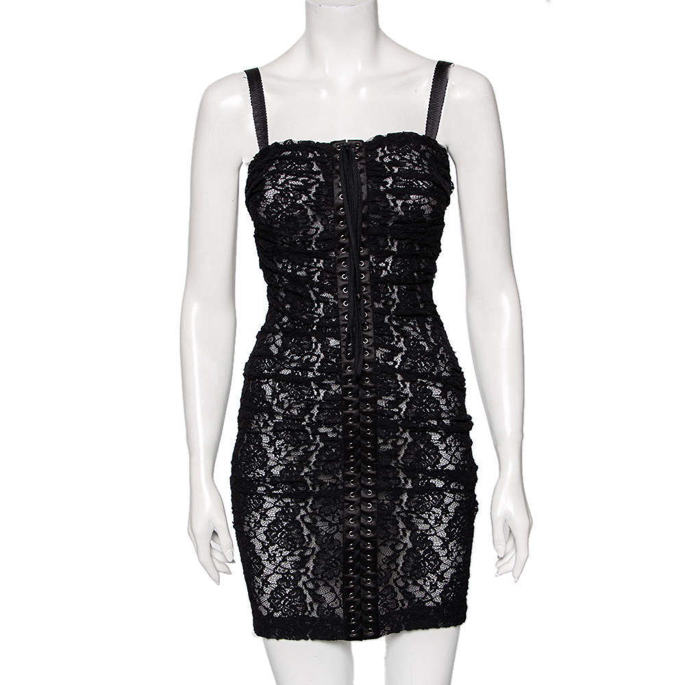 Pre Owned Dolce & Gabbana Black Lace Ruched Sleeveless Mini Dress XS