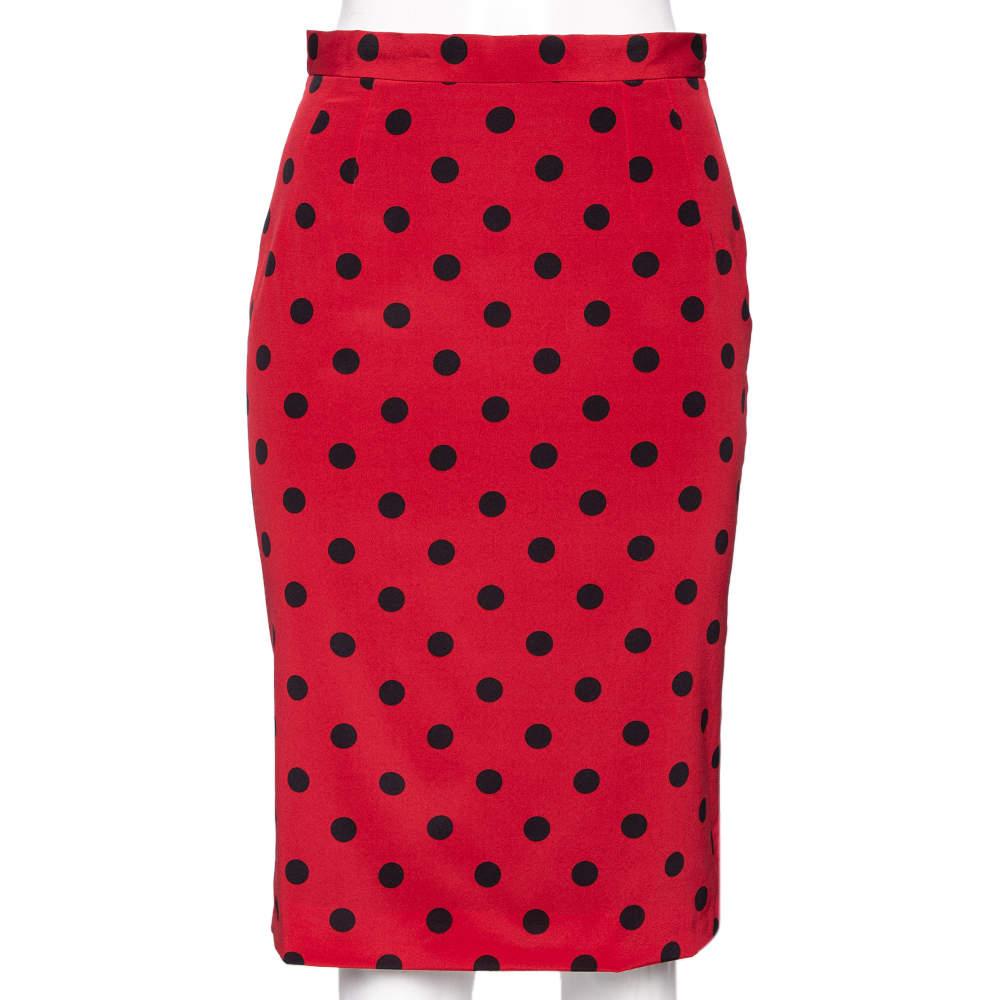 Pre Owned Dolce & Gabbana Red Polka Dot Silk Pencil Skirt S
