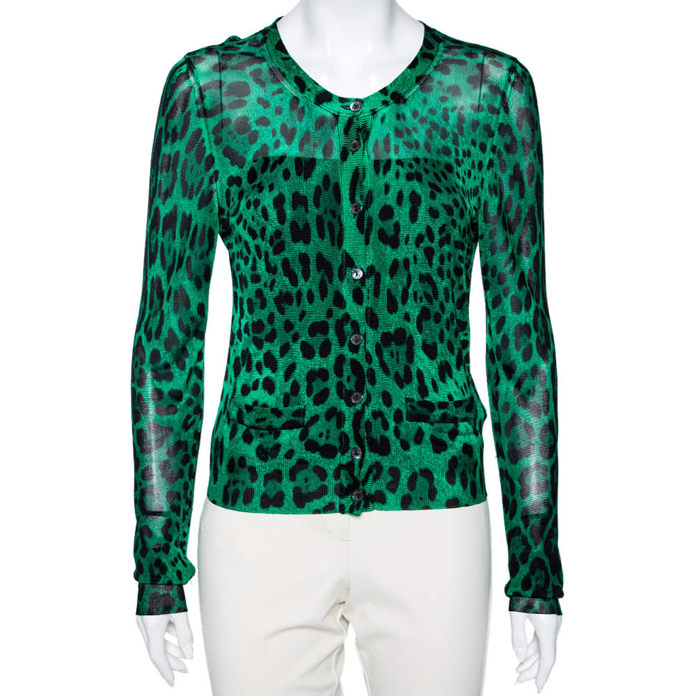 Pre Owned Dolce & Gabbana Green Animal Print Knit Button Front Cardigan M