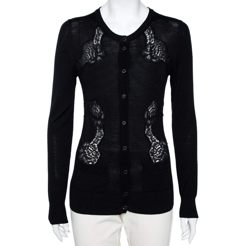 Pre Owned Dolce & Gabbana Black Knit & Lace Inset Button Front Cardigan S