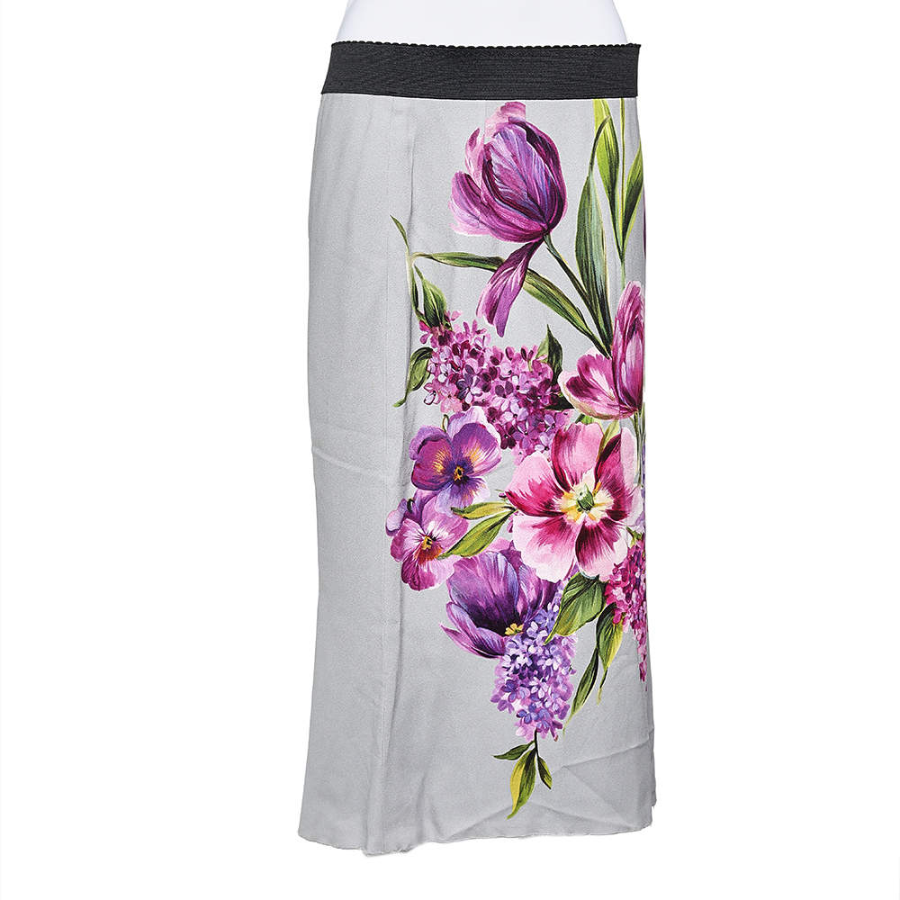 Pre Owned Dolce & Gabbana Grey Floral Printed Crepe Pencil Skirt L