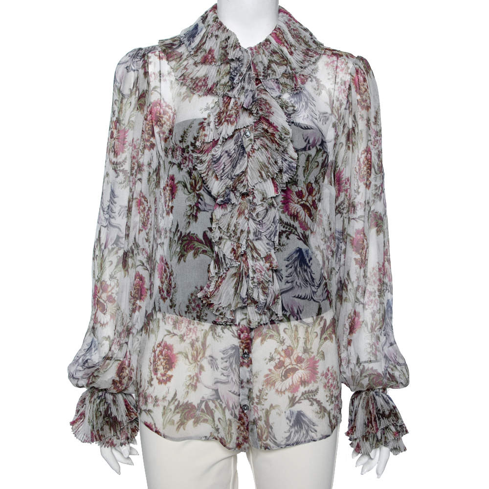 Pre Owned Dolce & Gabbana Floral Printed Silk Chiffon Pleated Blouse M