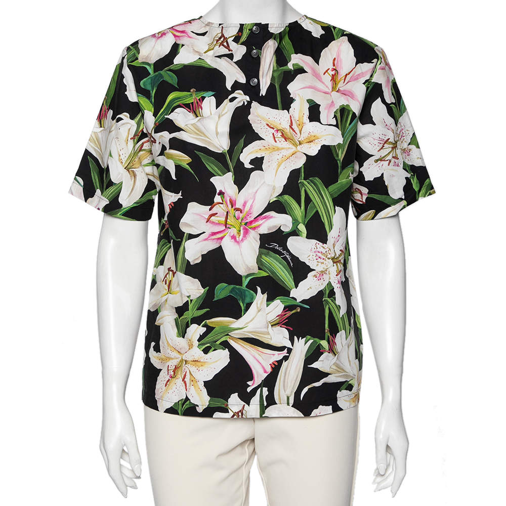 Pre Owned Dolce & Gabbana Multicolor Lily Print Cotton Short Sleeve Top M