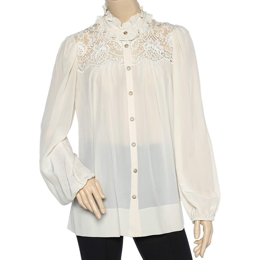 Pre Owned Dolce & Gabbana Cream Silk & Lace Paneled Ruffled Neck Shirt M