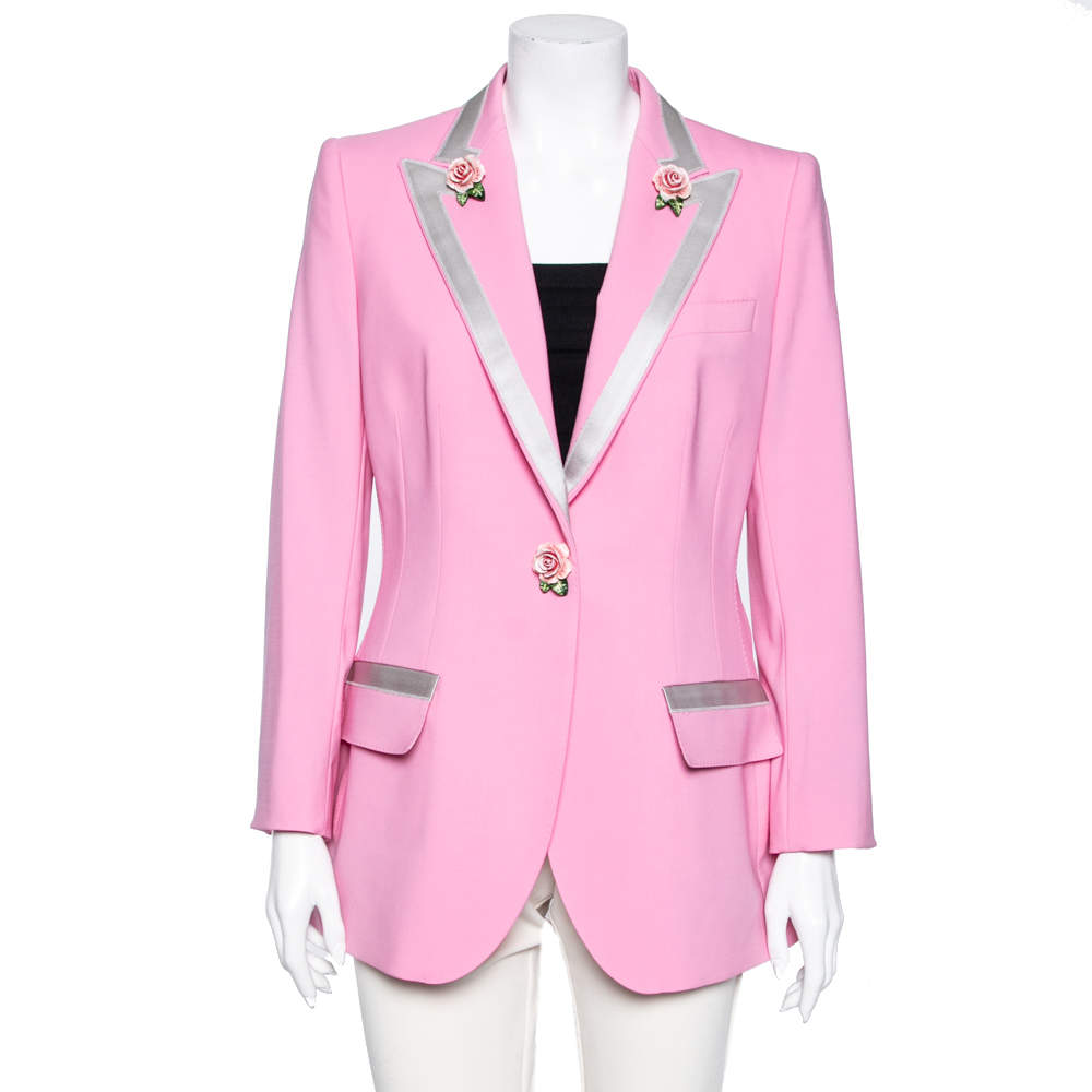 Pre Owned جاكيت بليزر دولتشي أند غابانا صوف وردي مزين ورود  صدرية واحدة مقاس كبير (لارج)