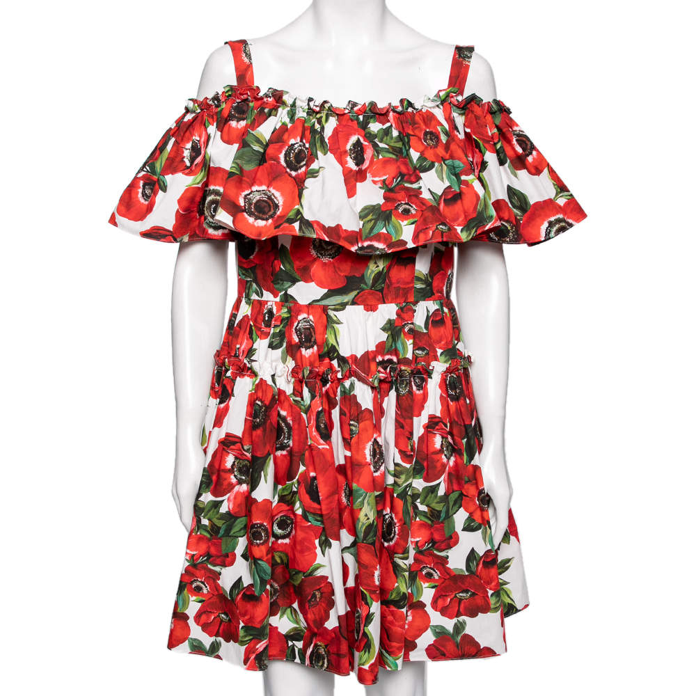 Dolce & Gabbana Red Floral Printed Cotton Ruffled Off Shoulder Mini Dress L