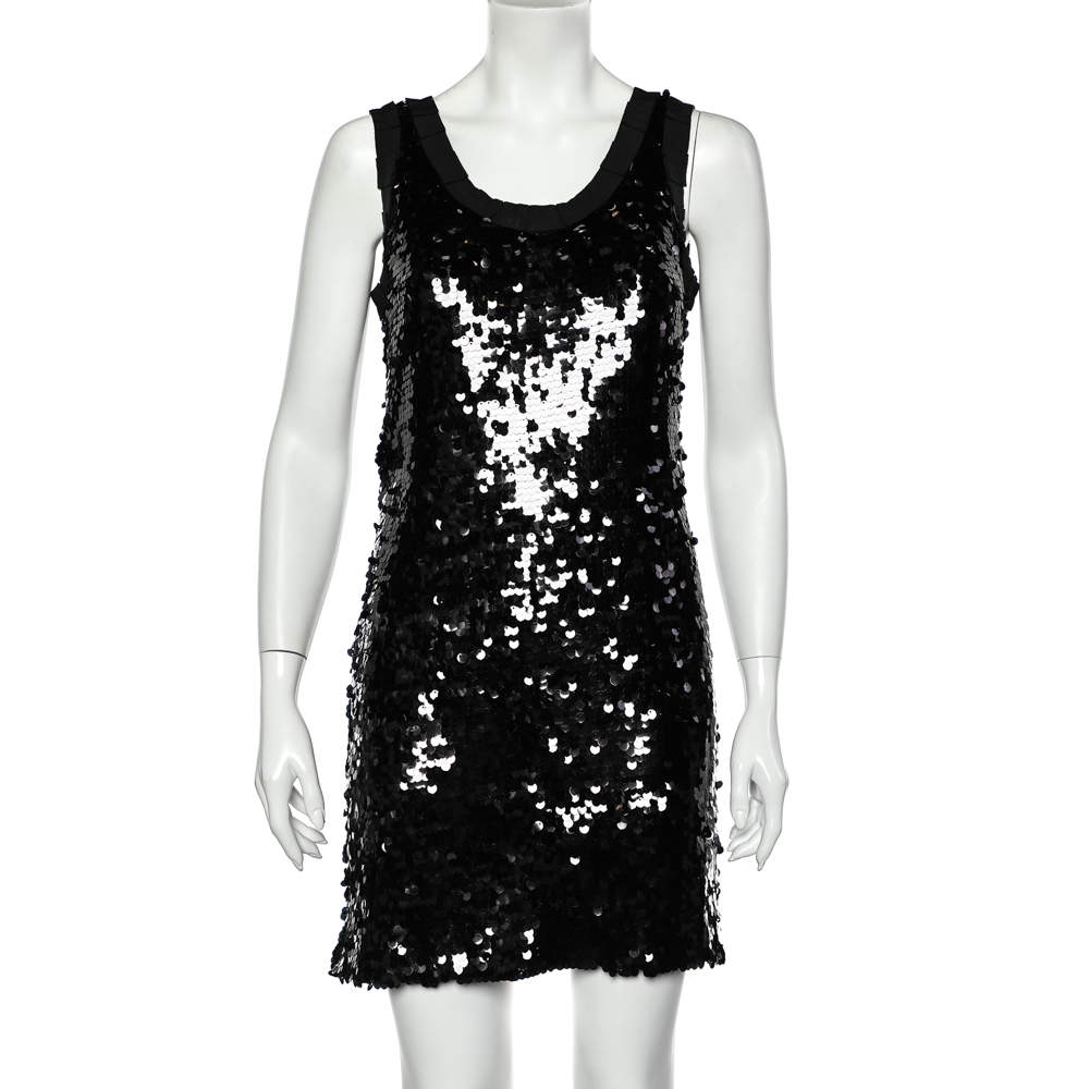 Pre Owned Dolce & Gabbana Black Sequin Embellished Tulle Trim Detail Sleeveless Sheath Dress M