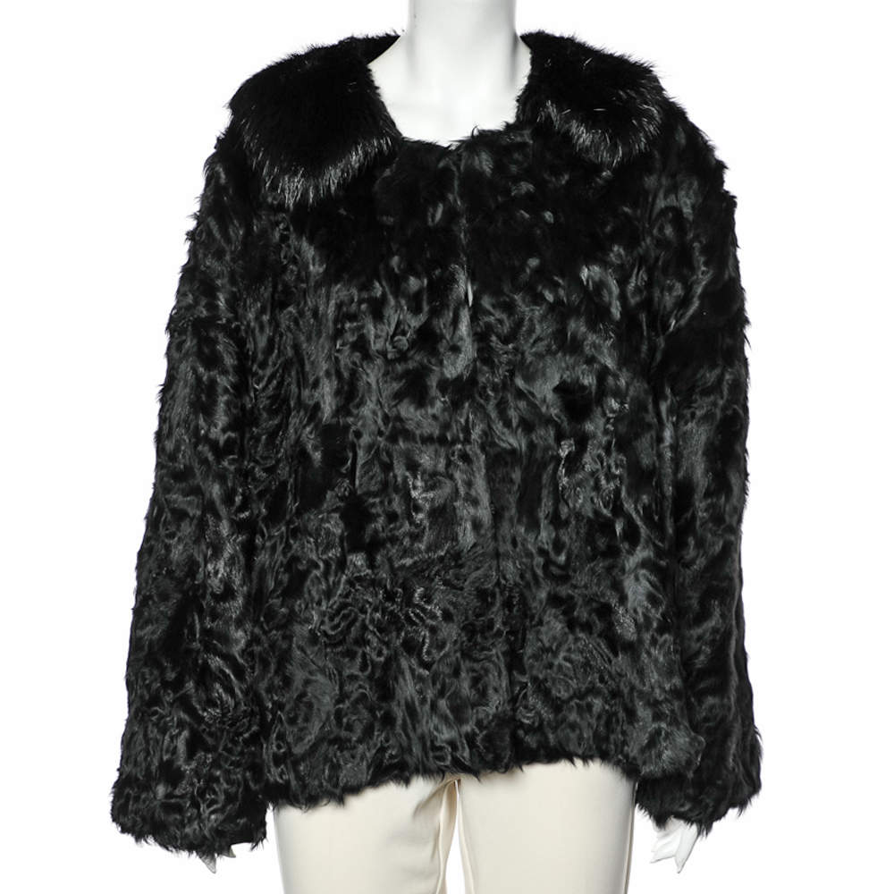 مملوكة مسبقًا Dolce & Gabbana Black Fur Detachable Collar Detail Hook Front Jacket M