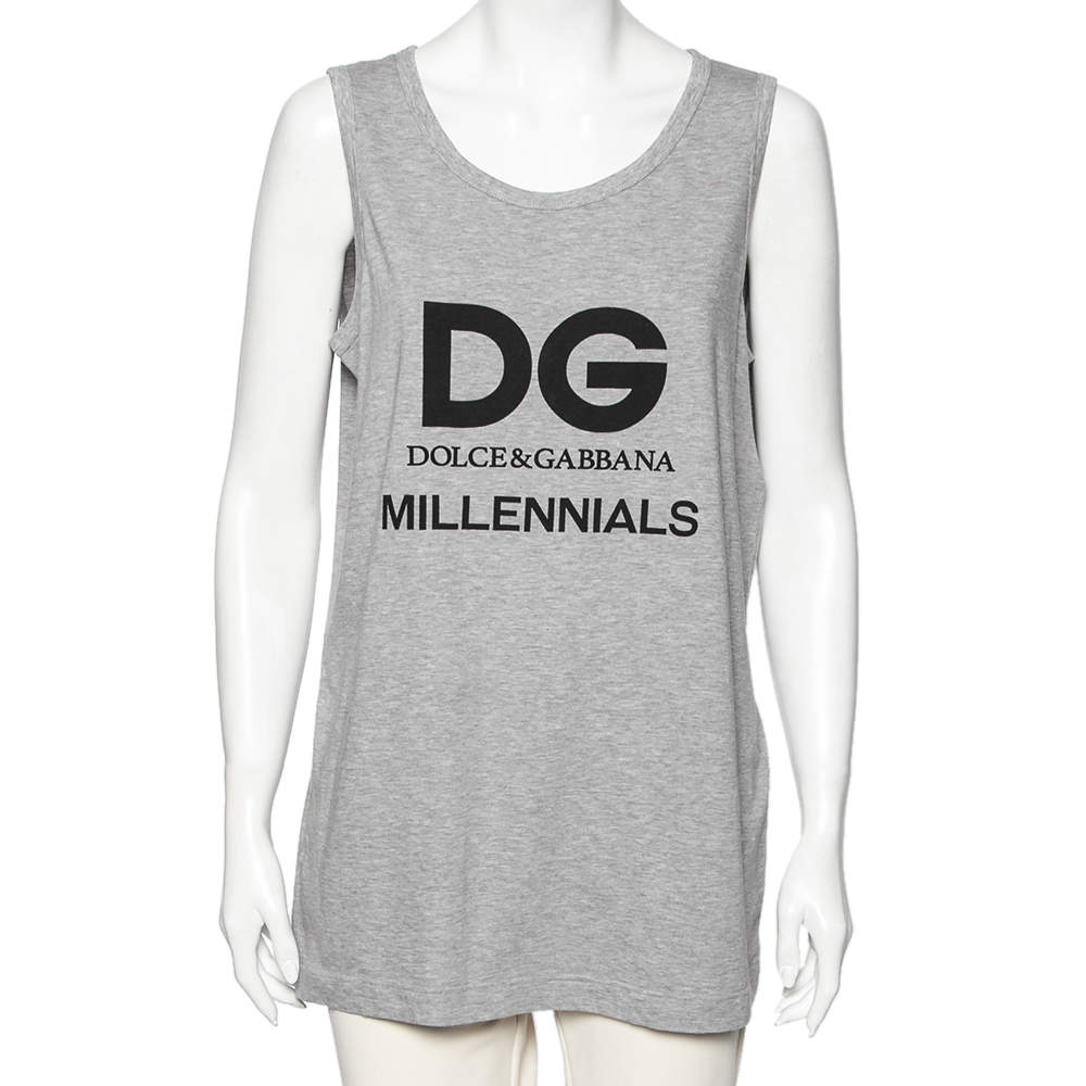 Pre Owned Dolce & Gabbana Grey Cotton Logo Printed Crewneck Tank Top M 