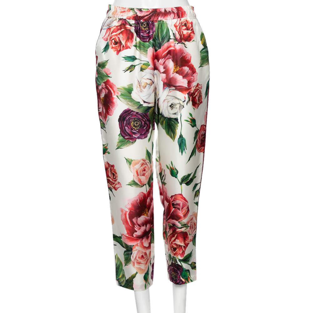 Pre Owned Dolce & Gabbana White Floral Printed Silk Tapered Pants M