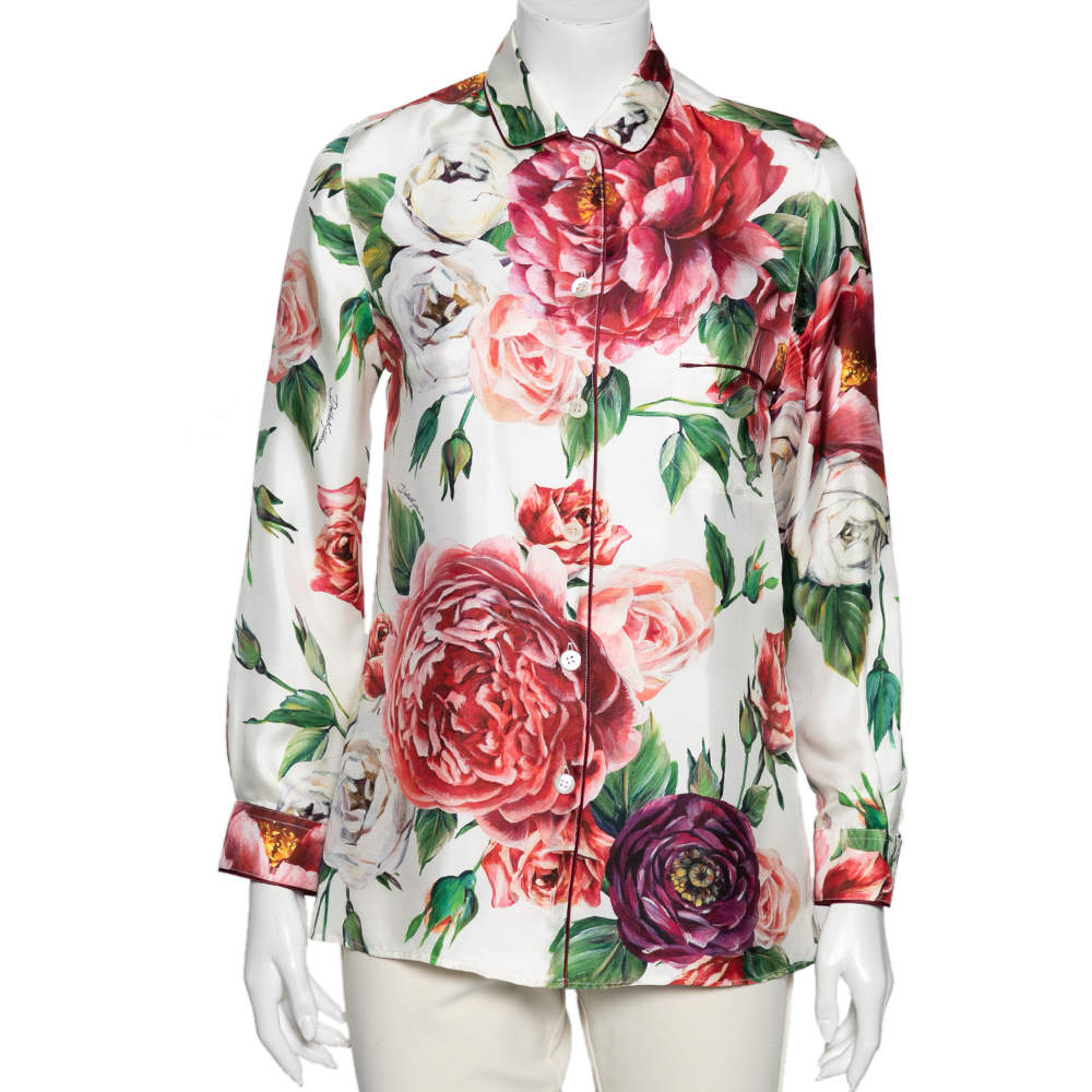 Pre Owned Dolce & Gabbana White Floral Printed Silk Button Front Shirt M 