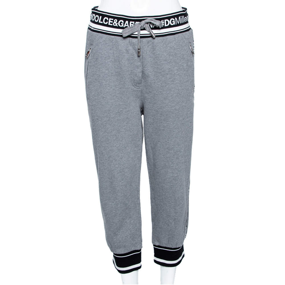 Pre Owned Dolce & Gabbana Grey Cotton Logo Trimmed Cropped Track Pants M