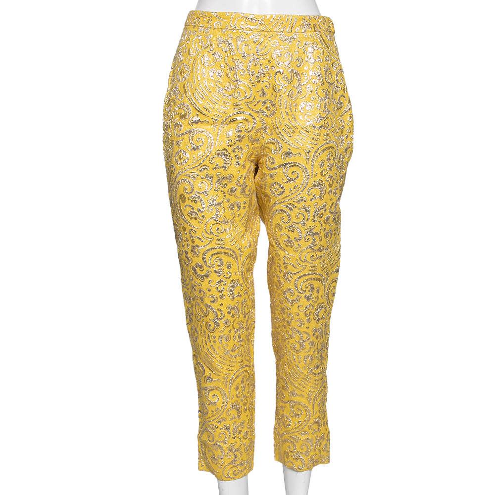 Dolce & Gabbana Yellow Lurex Floral Jacquard Cropped Pants S