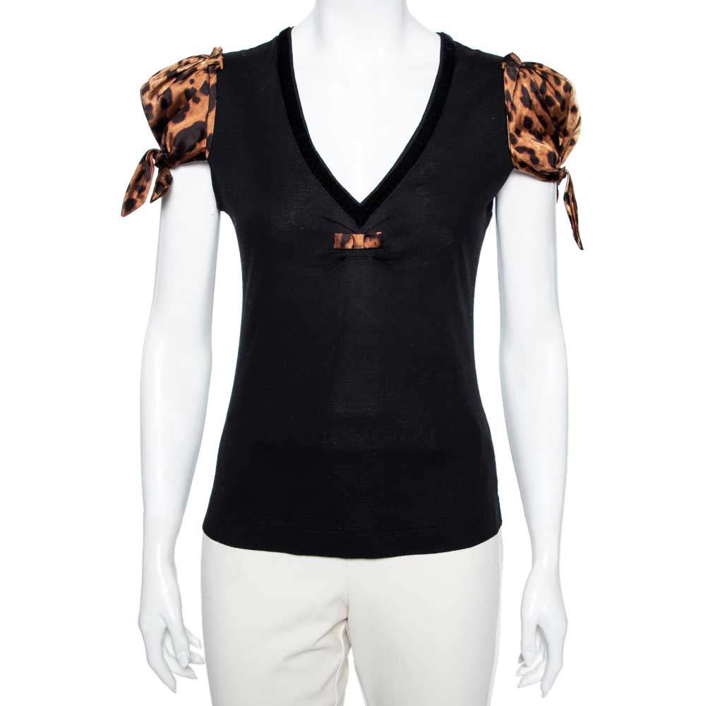 Pre Owned Dolce & Gabbana Black Satin & Animal Printed Satin V-Neck T-Shirt S