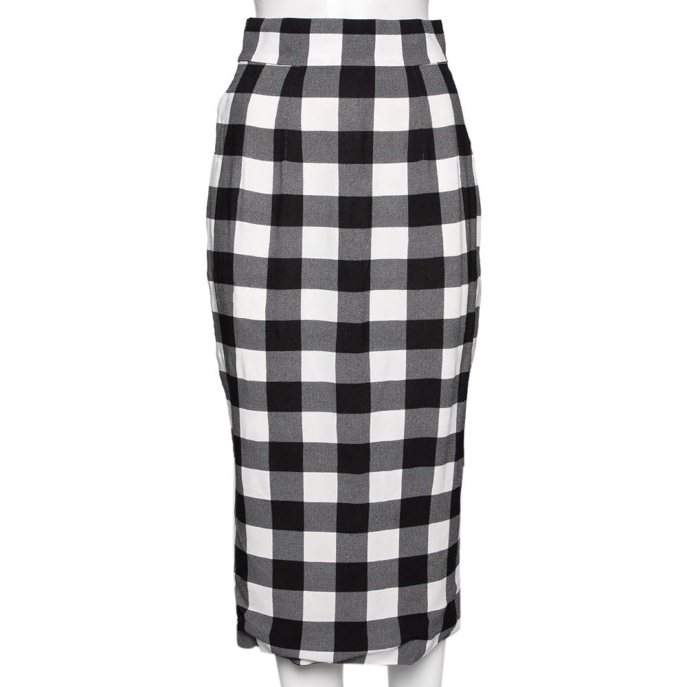 Pre Owned Dolce & Gabbana Monochrome Checkered Crepe Midi Skirt S
