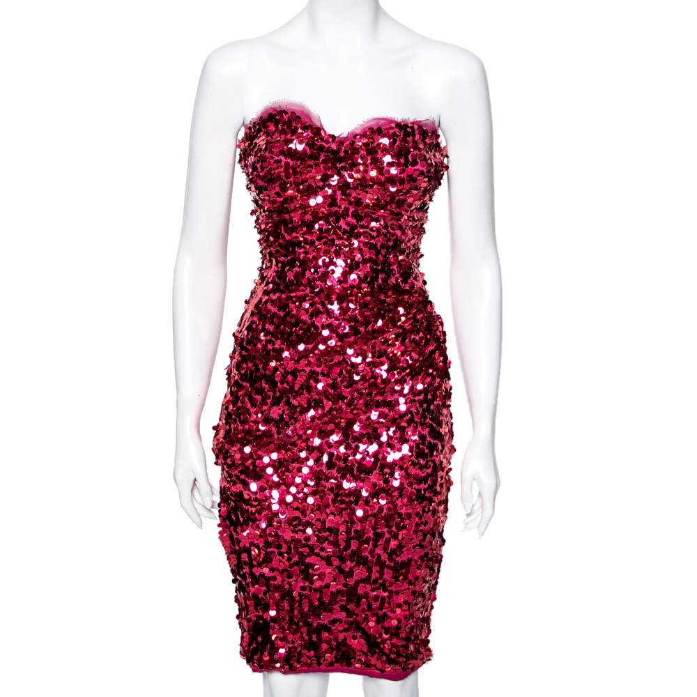 مملوكة مسبقًا Dolce & Gabbana Pink Sequin Embellished Ruched Strapless Dress S