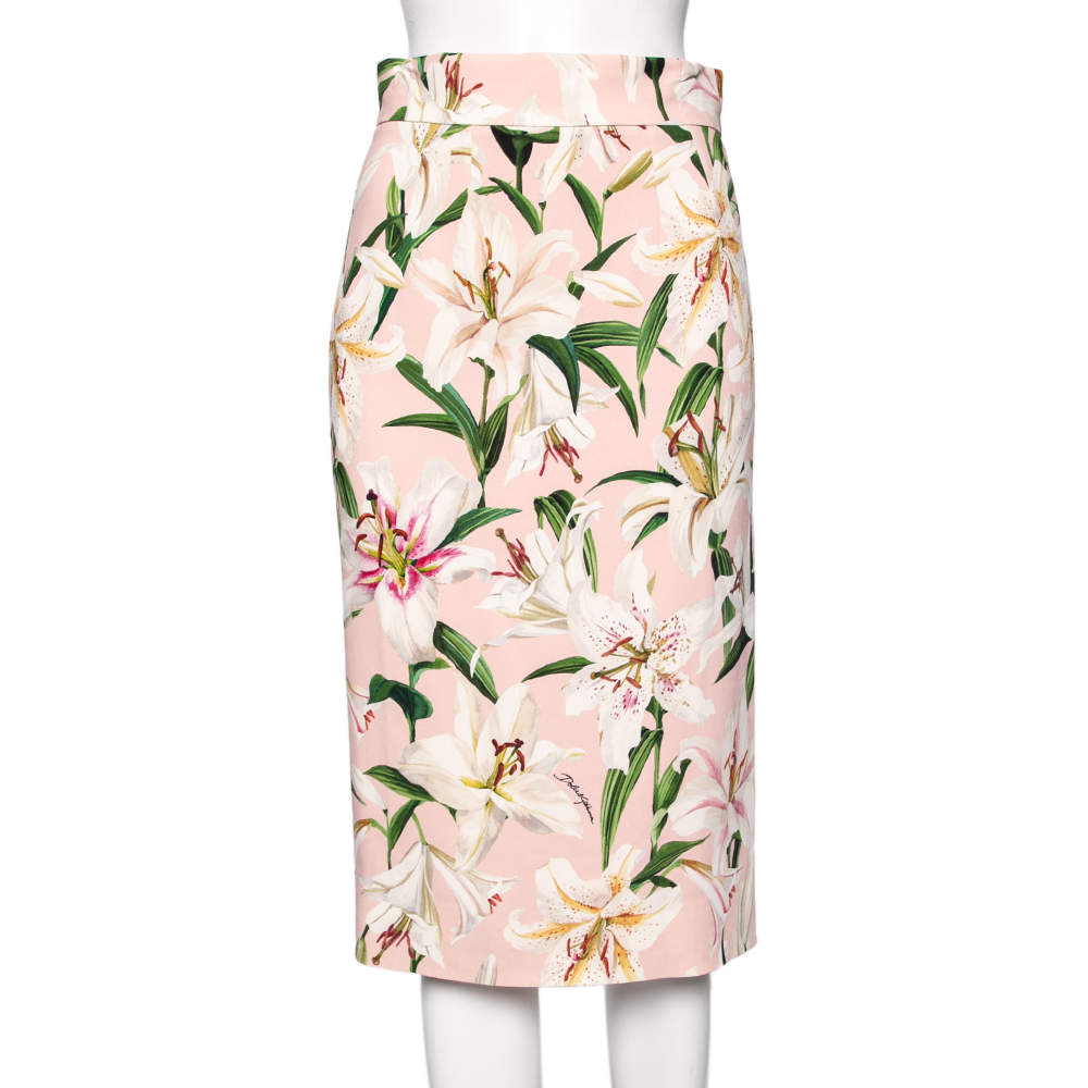Pre Owned Dolce & Gabbana Pink Floral Printed Crepe Midi Skirt S