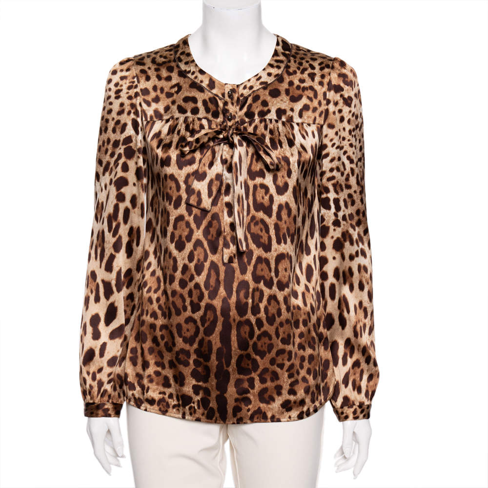 Pre Owned Dolce & Gabbana Brown Leopard Print Silk Bow Tie Top M