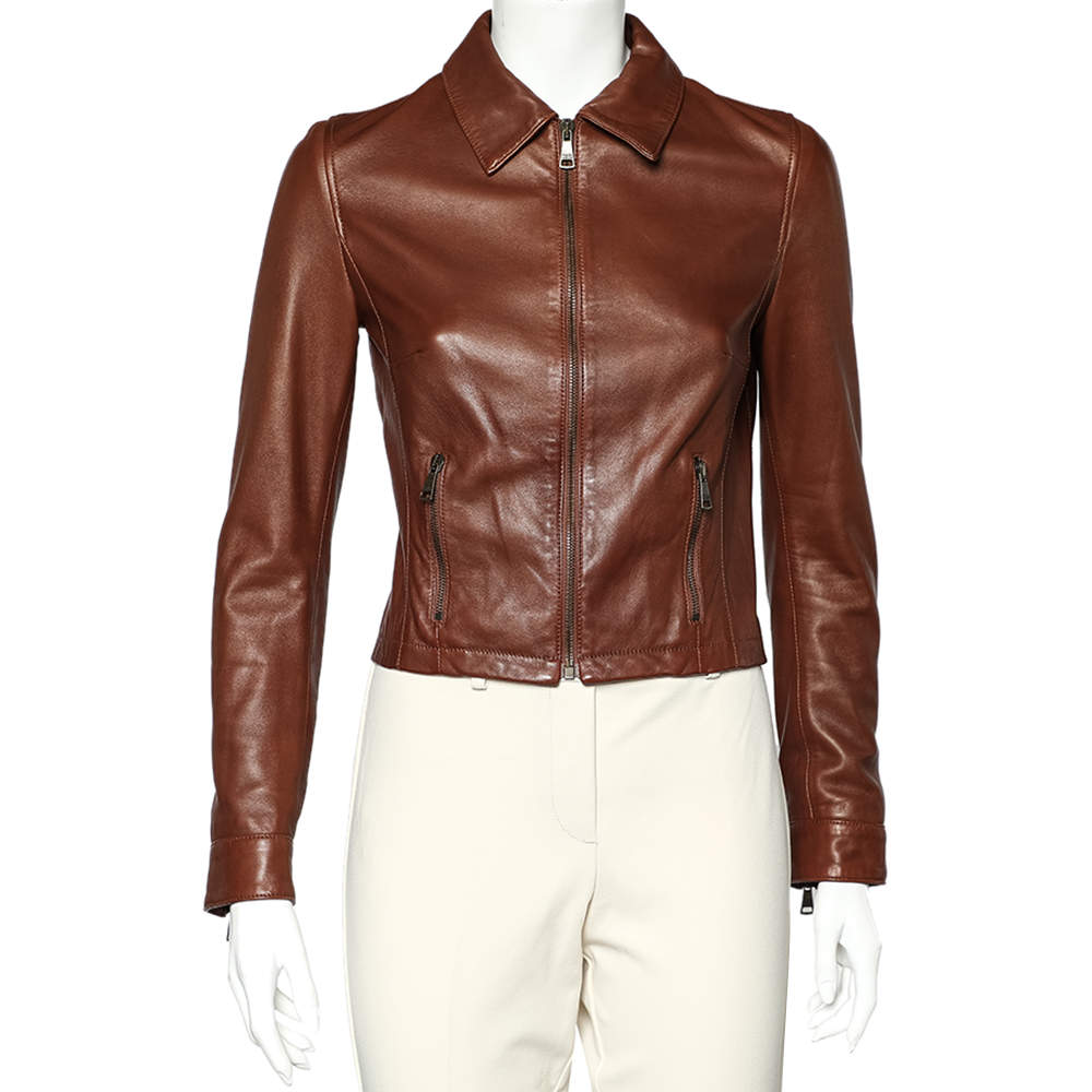 Pre Owned Dolce & Gabbana Brown Leather Zip Front Cropped Jacket S